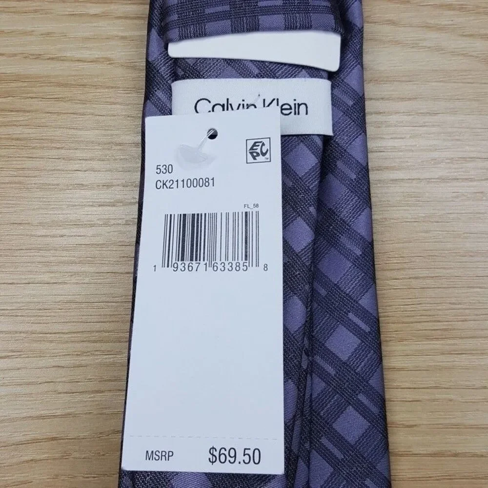 CALVIN KLEIN Mens Neck Tie Purple Plaid Grid Check Modern Classic Silk Blend